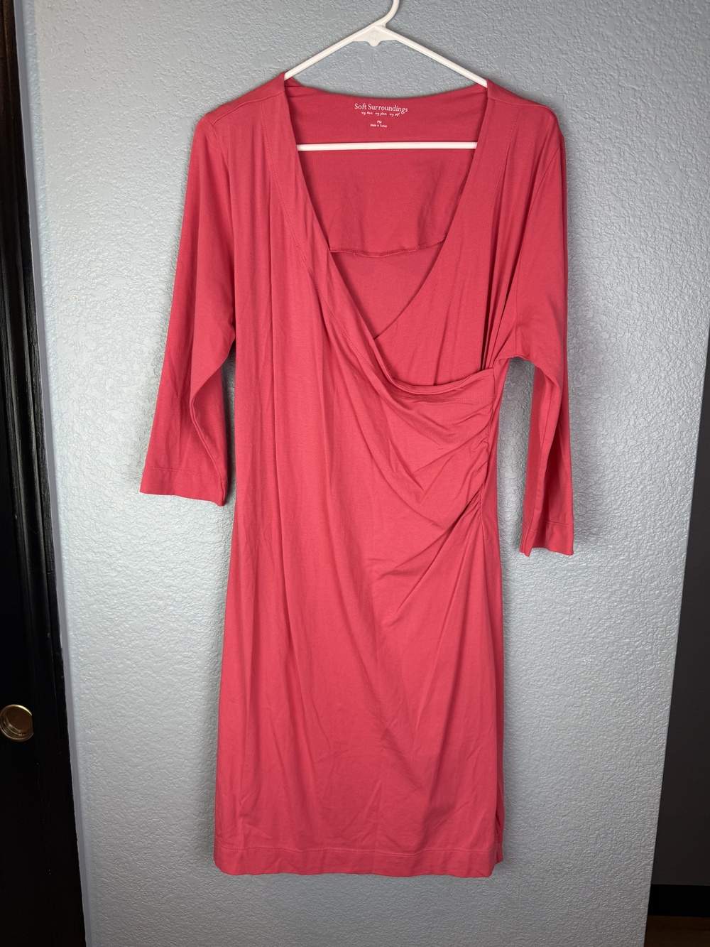 Soft Surroundings Dress Womens Petite Medium Pink 3/4 Sleeve Ruched Pocket Knit